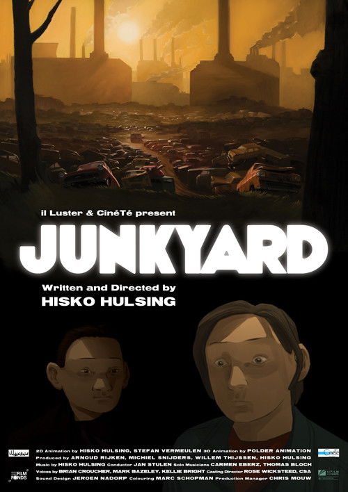 The poster features a somber, sepia-toned image of a dilapidated industrial site with smokestacks and scattered debris. Two characters, one with a concerned expression and another with a more serious demeanor, occupy the lower portion. The title "JUNKYARD" is prominently displayed in bold white l...