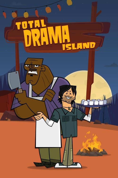 The poster features a cartoon-style illustration of two characters: a muscular man with a white apron and a young boy holding a tray of drinks. The background is dark with a large orange sun, and the title "Total Drama Island" is prominently displayed in bold, fiery letters. The scene conveys a p...