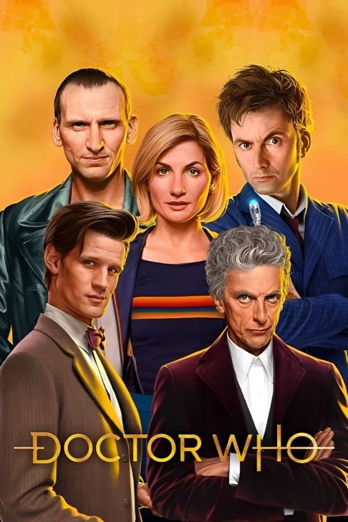 The poster features six characters from the Doctor Who series, set against a warm, golden background. The central figures, including the main cast members, exude a sense of mystery and adventure, with their expressions hinting at the thrilling journey ahead. The vibrant colors and dynamic composi...