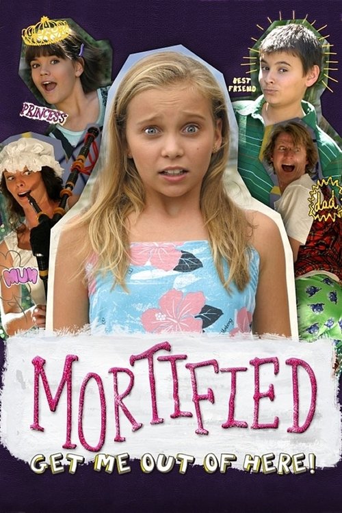 The poster features a young girl with a shocked expression, surrounded by four other characters in various costumes. The background is dark with purple tones, creating a mysterious and eerie atmosphere. The title "Mortified" is prominently displayed in bold, pink letters, while the tagline "Get M...