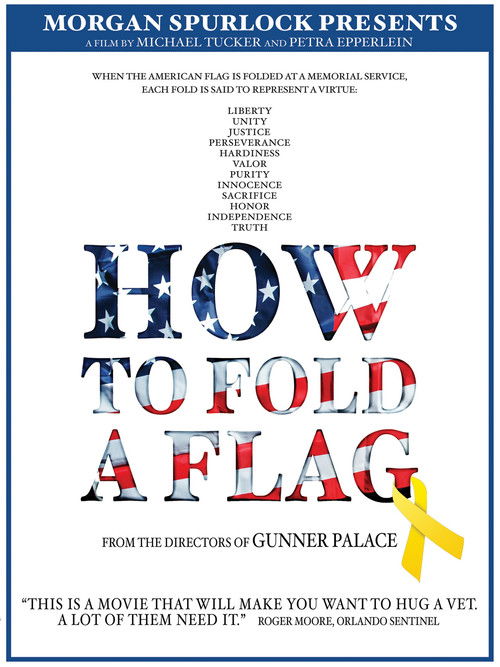 The poster features a group of people in patriotic colors, with a yellow flag waving in the foreground. The title "How to Fold a Flag" is prominently displayed in bold, patriotic red and blue text. The overall mood is patriotic and celebratory, suggesting a patriotic theme.