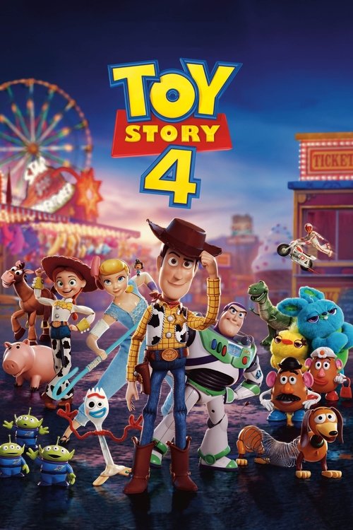 This vibrant movie poster for "Toy Story 4" features a lively scene with Woody, Buzz Lightyear, and other beloved characters in a colorful, dreamy setting. The warm hues of the background, combined with the playful expressions of the characters, evoke a sense of nostalgia and adventure.