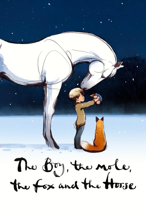 This whimsical poster depicts a boy and a fox sharing a tender moment under a starry night sky. The large white horse stands majestically in the background, adding to the enchanting atmosphere. The warm tones of the boy and fox contrast beautifully with the cool blue of the night sky, creating a ...