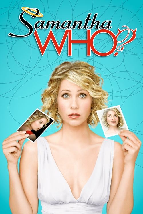 A glamorous blonde woman in a white dress holds up two photos of herself, with a mysterious and intriguing mood. The poster features a vibrant turquoise background with swirling patterns, emphasizing the show's intrigue.