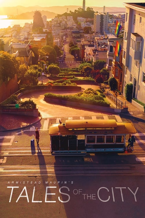 This TV show poster for "Tales of the City" captures a serene sunset scene with a vintage trolley bus navigating a winding street. Warm golden hues and soft lighting create a nostalgic, peaceful mood.