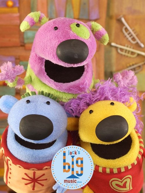This vibrant poster features three colorful plush toys from "Jack's Big Music Show" - a pink dog, a blue bear, and a yellow bear - all smiling with open mouths. The playful and cheerful mood is captured through bright colors and the whimsical design, perfectly embodying the show's lively and musi...