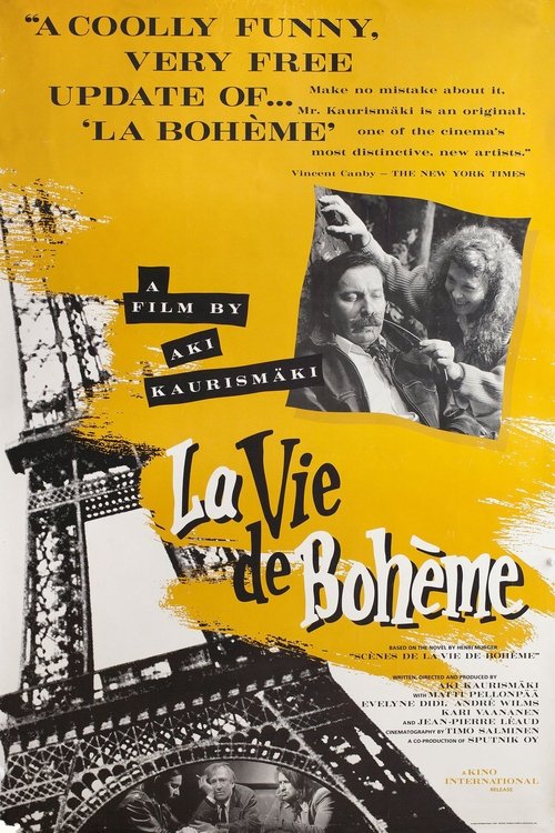 The poster features a vibrant yellow background with the Eiffel Tower and a group of people in a romantic, dreamy atmosphere. The title "La Vie de Bohème" is prominently displayed in bold, stylized lettering. The overall mood is nostalgic and evocative, capturing the essence of the film's themes ...