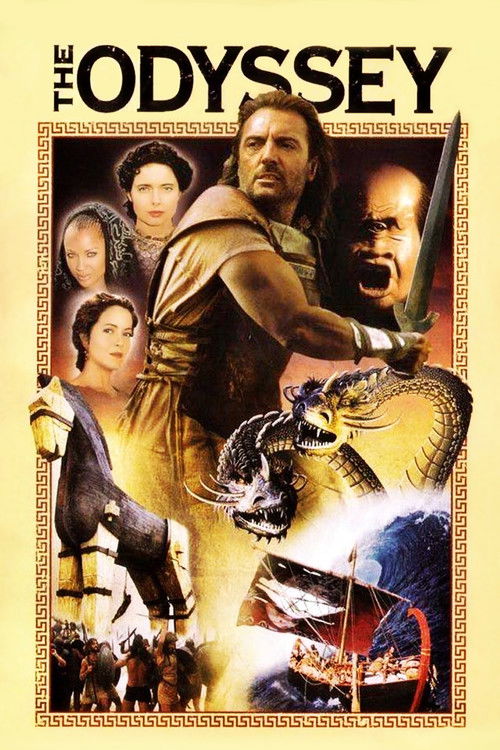 The Odyssey poster features a dramatic composition with a central figure in golden armor, surrounded by other characters in period costumes. The warm, golden hues evoke a sense of epic adventure and historical drama, while the dynamic poses and intense expressions convey the thrilling nature of t...