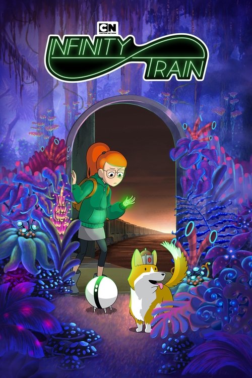 The poster features a young girl with red hair in a green outfit standing in a tunnel, surrounded by vibrant purple and blue coral-like plants. A white ball floats near her feet, and a small white dog with yellow ears watches curiously. The scene exudes a magical, dreamlike atmosphere with deep p...