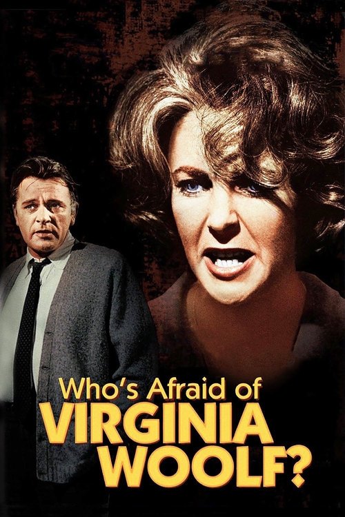 The poster features a dramatic close-up of a woman with voluminous hair against a dark, moody background. To the left, a man in a suit looks serious and contemplative. The title "Who's Afraid of Virginia Woolf?" is prominently displayed in bold yellow letters, conveying a sense of intrigue and my...