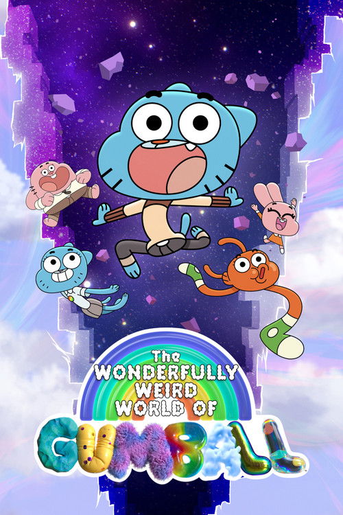 The Wonderfully Weird World of Gumball poster features Gumball, Darwin, and others in vibrant, colorful outfits against a dreamy purple sky. The playful and whimsical mood is captured with lively characters and a magical atmosphere.