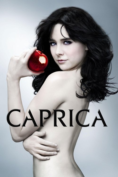 The poster features a woman with dark, wavy hair holding a red apple near her shoulder, exuding a mysterious and intriguing mood. The bold, black text "CAPRICA" dominates the lower portion, suggesting a mysterious or supernatural theme.