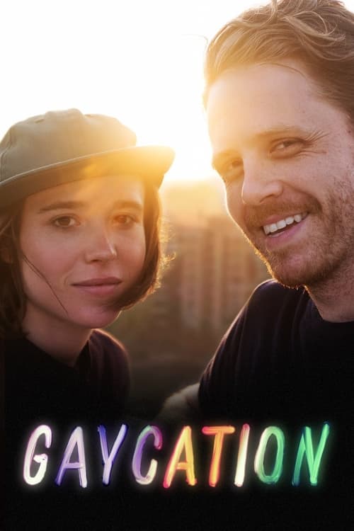 The poster features a warm, sunlit scene with a man and woman smiling gently at each other. The title "GAYCATION" glows in vibrant colors against the soft, golden background, evoking a romantic and hopeful atmosphere.