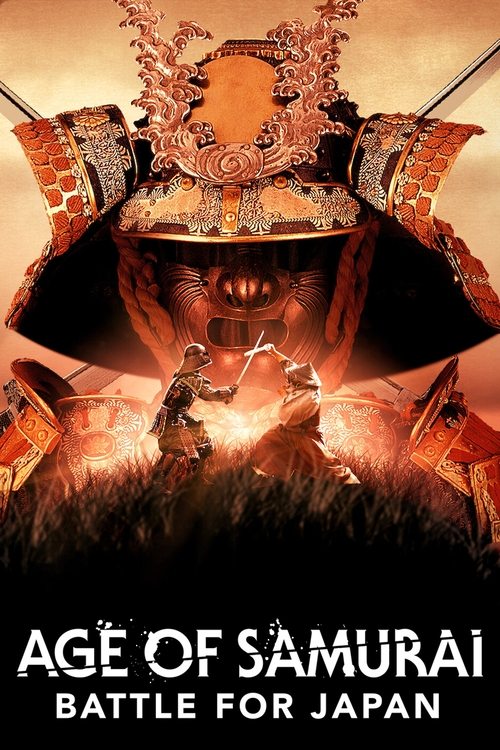The poster depicts a dramatic battle scene with samurai warriors in mid-action, their armor gleaming under fiery orange and red hues. The intense, action-filled atmosphere conveys a sense of epic conflict and historical drama.