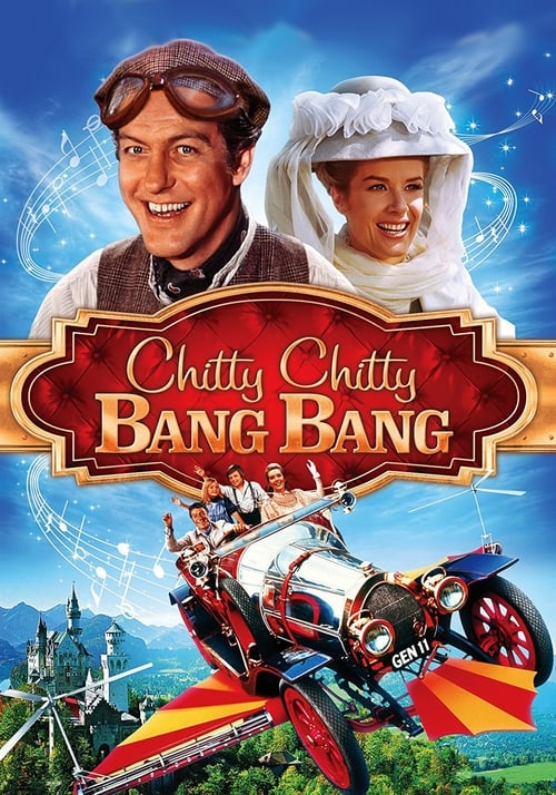 This movie poster features two characters, a man in a pilot's hat and a woman in a white bonnet, set against a vibrant blue sky. The title "Chitty Chitty Bang Bang" is prominently displayed in an ornate red banner. The scene below shows a whimsical, colorful airplane with a red and yellow tail, s...