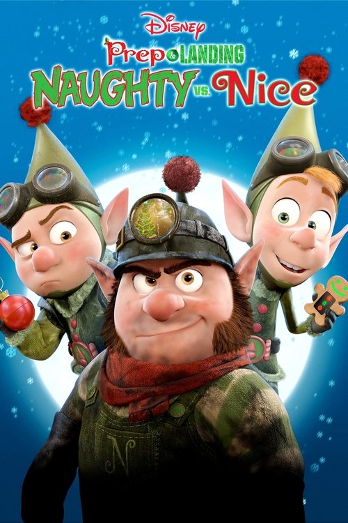 This vibrant movie poster features three anthropomorphic elf characters in festive holiday attire against a starry blue background. The central elf, with a cheerful expression and red scarf, dominates the frame, while the two flanking him hold red apples, symbolizing the "Naughty" and "Nice" them...