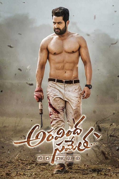 The poster features a muscular, shirtless man with a beard holding a sword, standing amidst dust and debris. The earthy tones of brown and tan dominate the image, evoking a gritty, action-packed atmosphere. The title "Aravinda Sametha Veera Raghava" is prominently displayed in stylized script at ...