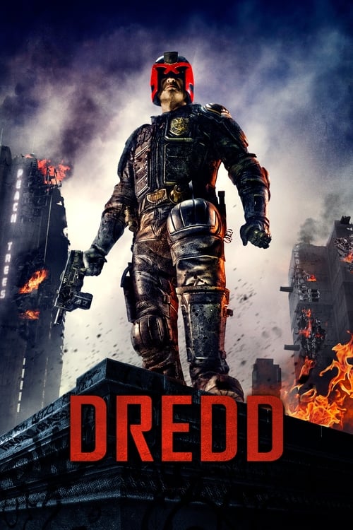The poster features a menacing figure in a red helmet and tactical gear, standing amidst burning ruins. The dark, smoky background and fiery explosions create a gritty, dystopian atmosphere. The bold red "DREDD" text anchors the image, emphasizing the film's intense and rebellious theme.