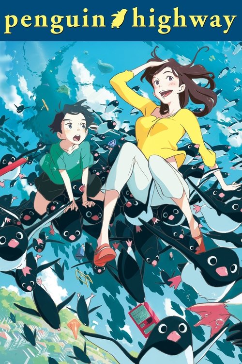 This vibrant movie poster features two animated characters joyfully riding a herd of colorful penguins through a lush, green landscape. The bright yellow shirt and cheerful expressions convey a sense of adventure and fun, while the dynamic composition and vivid colors evoke excitement and wonder.