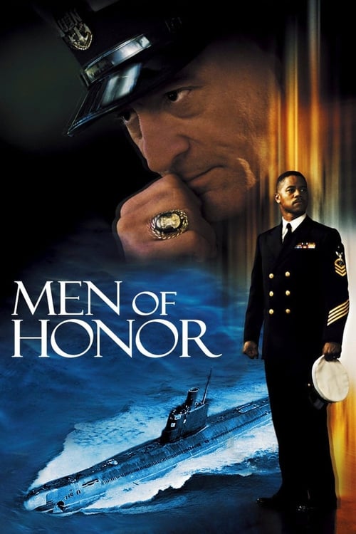 The poster features a dramatic composition with a close-up of a man in a naval uniform on the left, his hand near his face, and another man in a similar uniform on the right. The title "MEN OF HONOR" is prominently displayed in bold white letters against a dark background. The ocean scene below a...