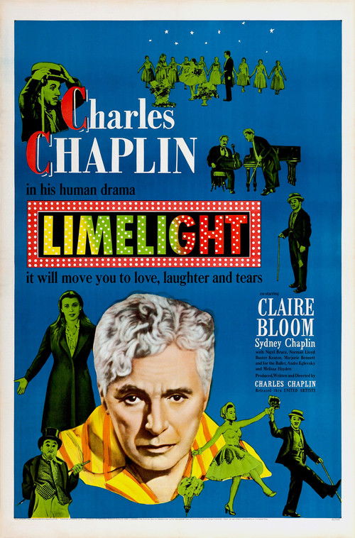This vibrant poster features a striking blue background with silhouettes of characters in various poses. The central figure, Charles Chaplin, is prominently displayed with his signature white hair and yellow shirt. Surrounding him are other characters in green and black, creating a dynamic compos...
