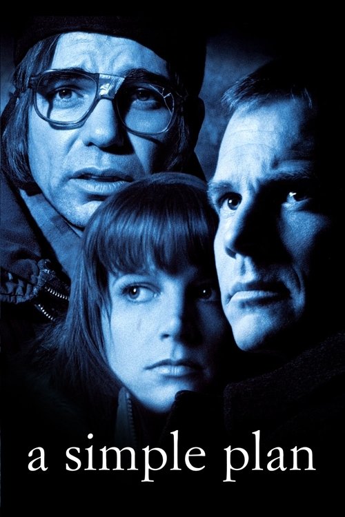 The poster features three characters in a dark, moody atmosphere with cool blue tones. The mood is tense and mysterious, suggesting a thriller or drama. The title "A Simple Plan" is prominently displayed at the bottom, hinting at a plot involving complex decisions.