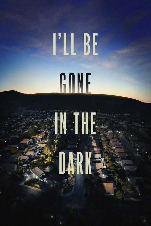 The poster features a serene night scene with a town at dusk, bathed in warm golden hues against a deep blue sky. Silhouettes of people are faintly visible in the distance, adding a sense of mystery and solitude. The title, "I'll Be Gone in the Dark," is prominently displayed in bold, white lette...