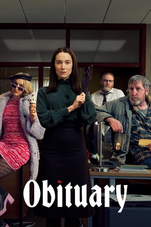 The poster features a dramatic scene with four characters in a dimly lit room, creating a somber and mysterious atmosphere. The woman in the center, dressed in dark clothing, stands out against the muted background, while others in period attire add to the historical feel. The title "Obituary" is...