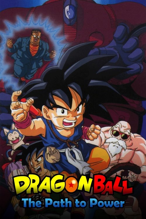 The poster features Goku in a dynamic pose, surrounded by other characters like Vegeta and Trunks, all set against a dramatic backdrop of dark blues and reds. The bold, colorful text "Dragon Ball" dominates the image, conveying an energetic and adventurous mood.