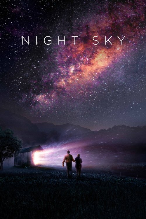 The poster depicts two silhouetted figures walking through a misty, star-studded night sky. The Milky Way stretches across the horizon in vibrant hues of purple and orange, while the dark, rolling hills below add depth. The mood is serene and mysterious, evoking a sense of wonder and tranquility.