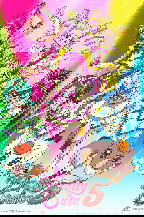 This vibrant poster features six colorful PreCure characters in dynamic poses against a bright, colorful background. The characters exude energy and joy, with their unique designs and expressive faces. The overall mood is cheerful and lively, capturing the essence of the beloved anime series.