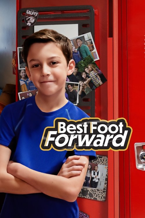 A young boy in a blue shirt stands confidently in front of a red door adorned with photos and magnets. The poster features bold, colorful text that captures the energetic, youthful vibe of the show.
