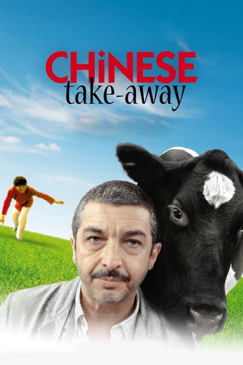 The poster features a man in the foreground with a black cow looming behind him, set against a bright blue sky. A child in red runs in the background, adding a sense of movement and energy. The vibrant colors and playful composition evoke a cheerful, adventurous mood, suggesting a fun and engagin...