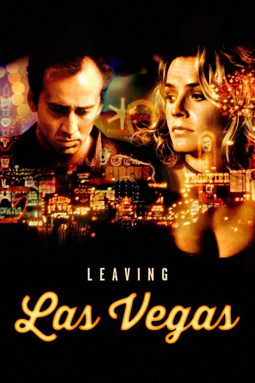 The poster features a man and woman in a cityscape at night, with warm golden lighting creating an intimate and romantic mood. The title "Leaving Las Vegas" is elegantly displayed in gold script, suggesting a departure from a glamorous destination.
