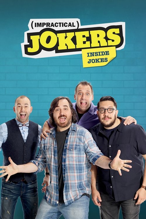The poster features four men in casual attire against a blue brick background, exuding a humorous and approachable vibe. Their expressive faces and open gestures convey a lighthearted mood, suggesting the show's focus on witty, relatable jokes. The bold yellow and white text stands out, emphasizi...