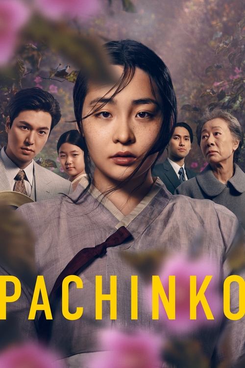 The poster features a young woman in traditional attire, surrounded by a group of men in formal attire, suggesting a drama or comedy. The colors are warm, with pink and purple hues creating a romantic atmosphere. The title "PACHINKO" is prominently displayed in bold yellow letters at the bottom.
