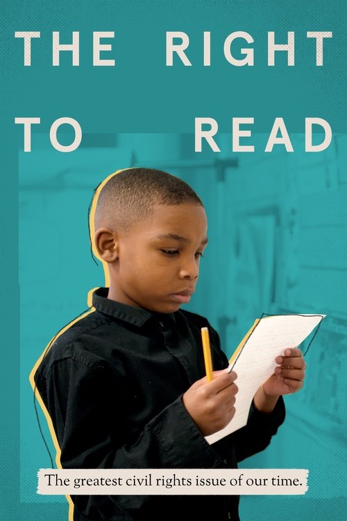 The poster features a young boy in a black shirt holding a piece of paper, symbolizing the right to read. The teal background evokes a sense of calm and hope, while the bold white text emphasizes the message.