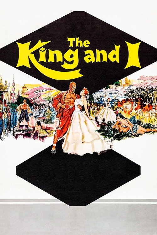 This poster for "The King and I" features a romantic scene with a man in a red coat and a woman in a white gown, set against a colorful, dreamlike landscape. The black diamond-shaped background contrasts with the vibrant colors, creating a striking visual that evokes a sense of timeless romance a...