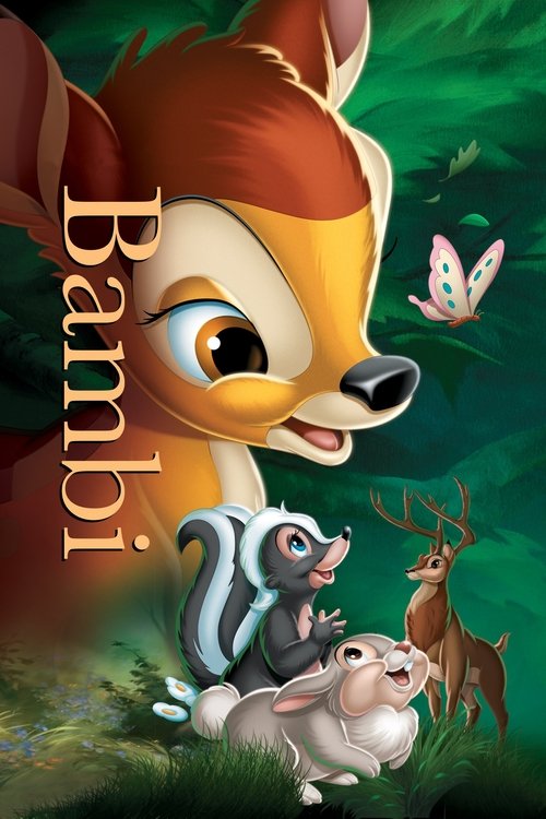This movie poster features Bambi, the beloved deer, with a gentle smile and expressive eyes. Surrounding him are his loyal friends: a squirrel, a rabbit, and a deer antler. The vibrant green forest background and soft pastel colors evoke a warm, nostalgic mood, capturing the essence of childhood ...