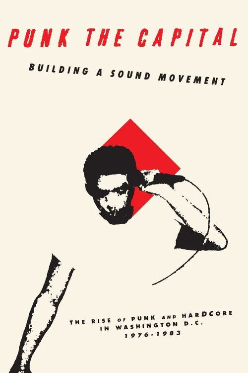 The poster features a gritty, black-and-white illustration of a punk-rock figure against a stark red diamond shape. The bold red text contrasts sharply with the monochrome imagery, evoking a rebellious and energetic atmosphere.