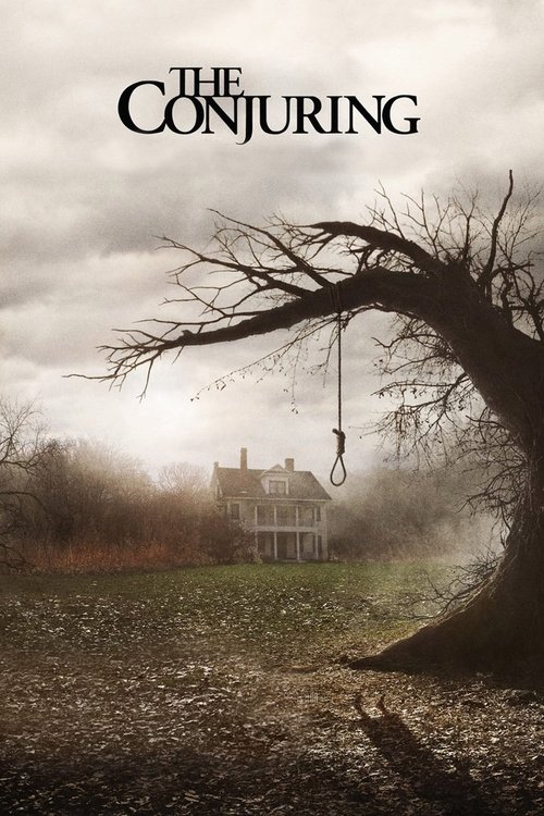 The dark, eerie poster features a hauntingly beautiful house shrouded in mist, with a skeletal tree looming over it. The muted, sepia-toned palette enhances the spooky atmosphere, while the title "The Conjuring" stands out in bold, gothic lettering.