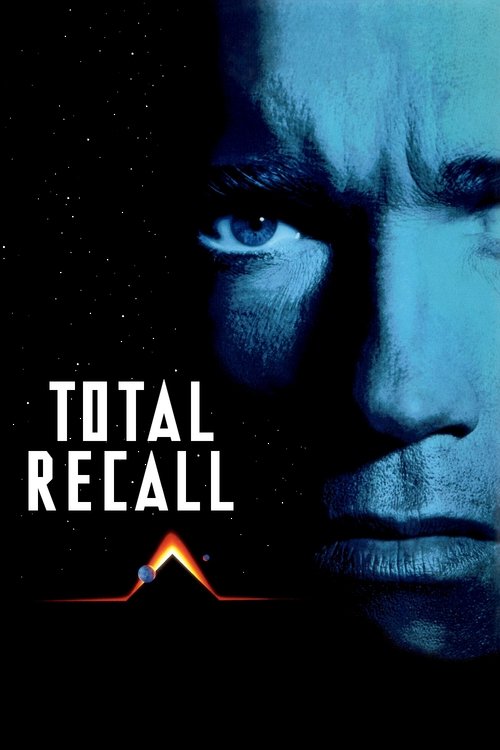 The poster features a close-up of a man's intense, blue-tinted face against a starry background, evoking a sense of mystery and danger. The title "TOTAL RECALL" is prominently displayed in bold white letters, with a glowing orange mountain symbol beneath it, suggesting themes of memory loss and h...