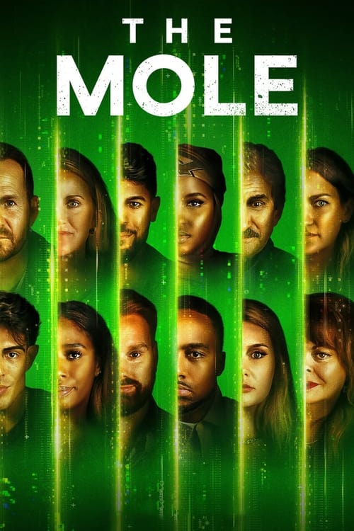 The Mole poster features a grid of nine characters against a vibrant green background, evoking mystery and intrigue. The characters' serious expressions suggest a suspenseful narrative, while the glowing vertical lines add depth and a sense of hidden secrets.