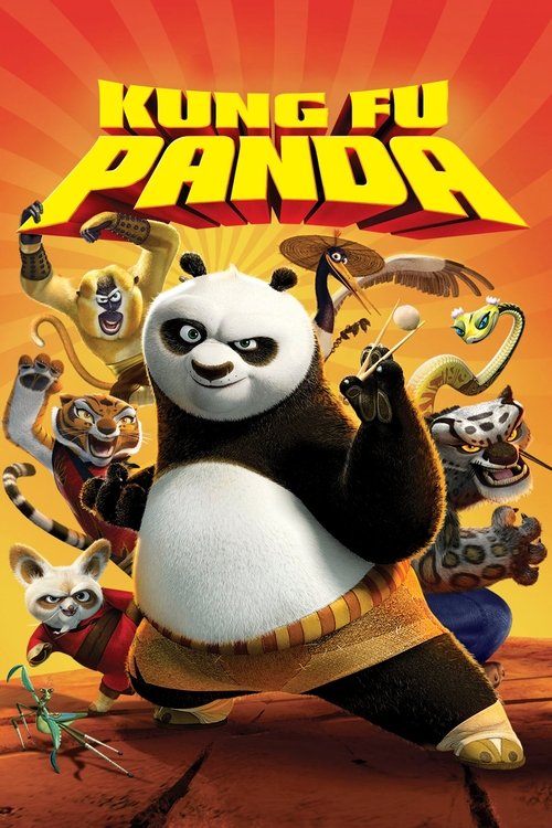 The poster features a cheerful panda in a dynamic pose, surrounded by energetic characters in colorful costumes. The warm orange and yellow hues create an energetic and adventurous atmosphere, capturing the spirit of action and friendship.