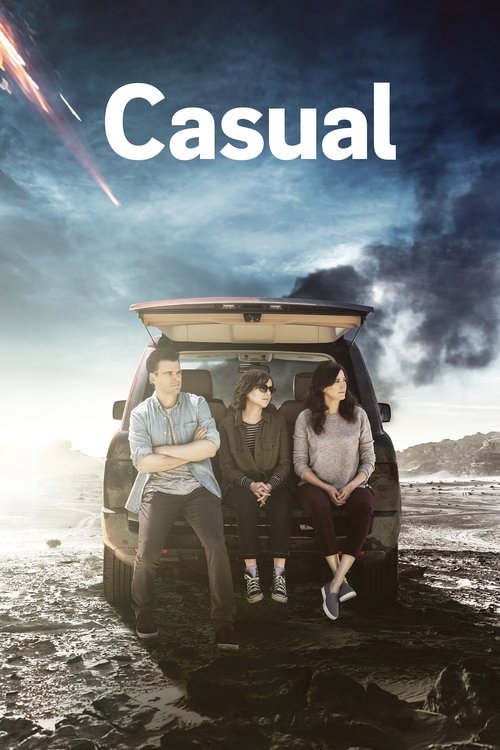 The poster features three people posing confidently in front of a rugged SUV, with a dramatic sky filled with swirling clouds and a shooting star. The muted earth tones and moody lighting create a mysterious, adventurous atmosphere, suggesting a blend of humor and action.