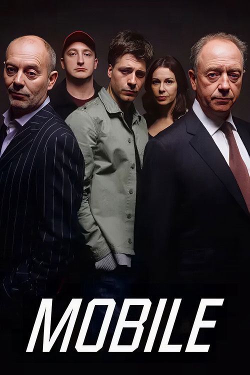 The poster features six individuals in a dimly lit studio setting, exuding a serious and professional mood. The dark background contrasts with their varied attire, from formal suits to casual jackets. The bold white text "MOBILE" anchors the image, suggesting a dramatic and intense narrative.