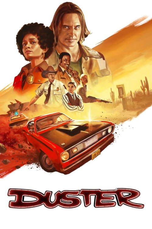 This vibrant poster features a dynamic scene with a red muscle car racing through a dusty, sunlit desert landscape. The characters are depicted in action poses, exuding excitement and adventure. The warm, fiery colors and energetic composition evoke a sense of high-octane thrill and classic car c...