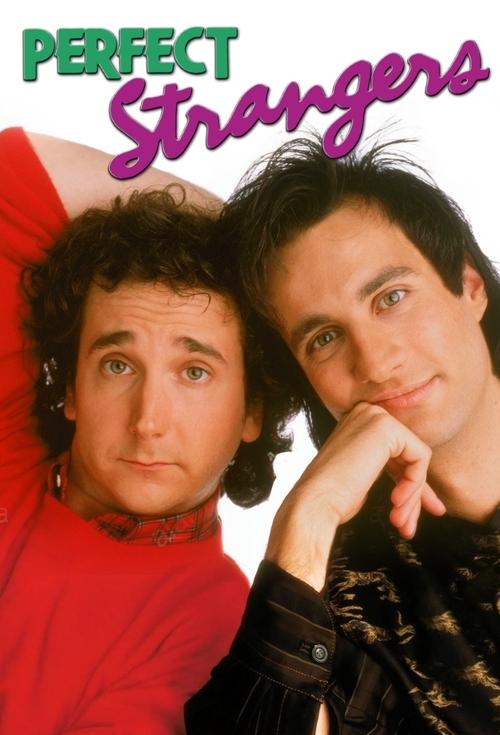 This poster features two men in vibrant red and black against a white background. The mood is playful and humorous, with one man resting his chin on his hand and the other looking directly at the camera. The title "Perfect Strangers" is prominently displayed in bold, colorful letters.