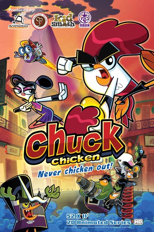 This vibrant poster features Chuck, a cheerful chicken chef, leading a lively group of animated characters in a colorful, action-filled scene. The warm sunset hues and dynamic poses convey a fun, energetic mood, while the playful font and cartoonish style emphasize the show's whimsical and entert...