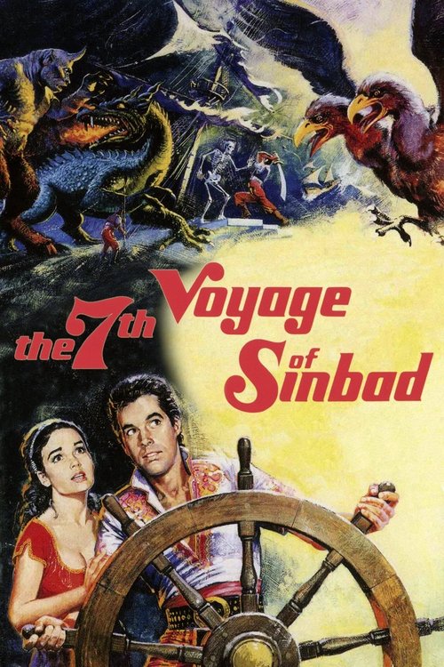 The poster features a dramatic scene with a man and woman in vibrant red and green attire, looking out of a ship's wheel. Above them, a fantastical landscape with dragons and mythical creatures adds to the epic atmosphere. The title is prominently displayed in bold red lettering, conveying a sens...